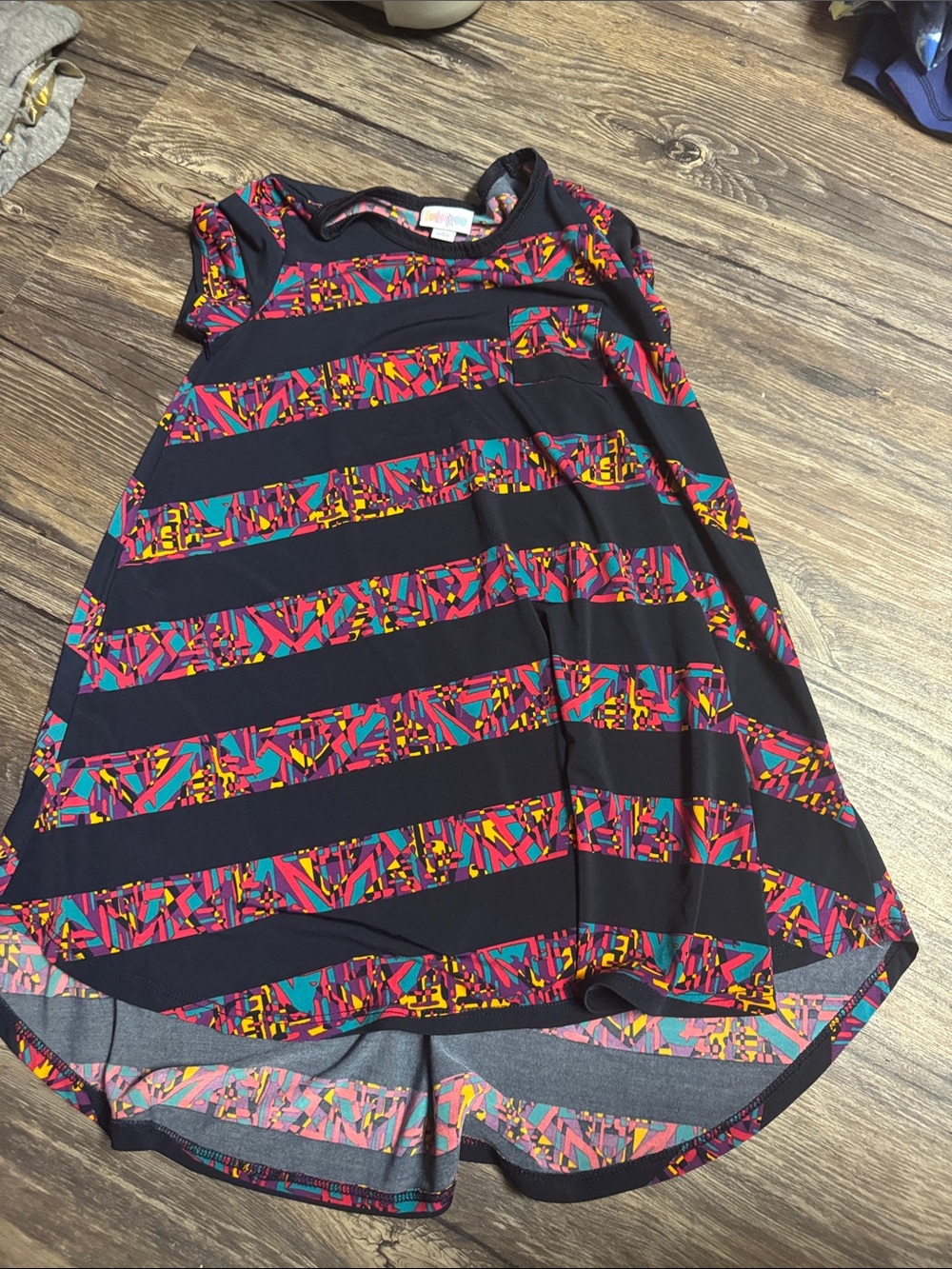 LuLaRoe Black Dress with Bright Geometric Stripe Accents
